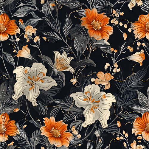 Seamless pattern with orange and cream flowers and leaves illustration