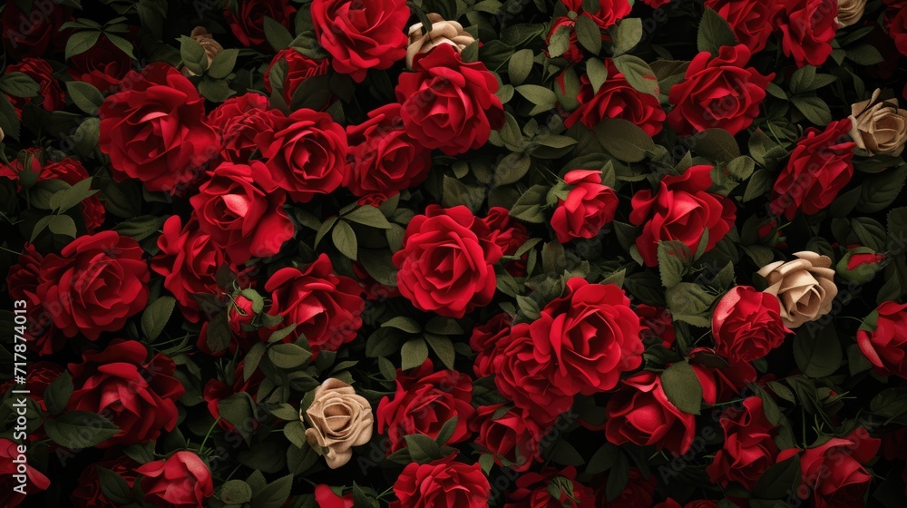 Valentine's Day exquisite tapestry of roses in a gradient of deep red to soft pink hues creates a rich, romantic background. a sense of luxury and elegance. Ai generated