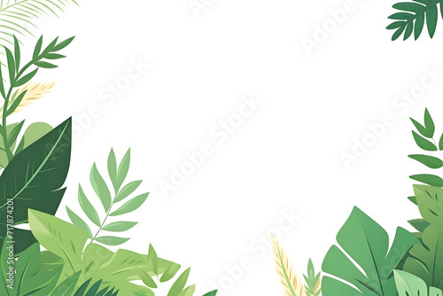 A collection of tropical leaves forms a frame against a white background  creating a foliage plant background with empty space for copy.