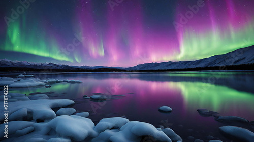 Nordic Elegance: Tranquil Scene of Blue Aurora Borealis Overlapping with Water Reflection