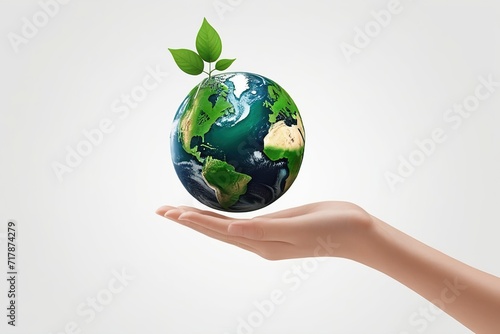Close up of a green plant with leaves and 3d earth object growing from hand.ai generated