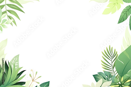 A collection of tropical leaves forms a frame against a white background  creating a foliage plant background with empty space for copy.