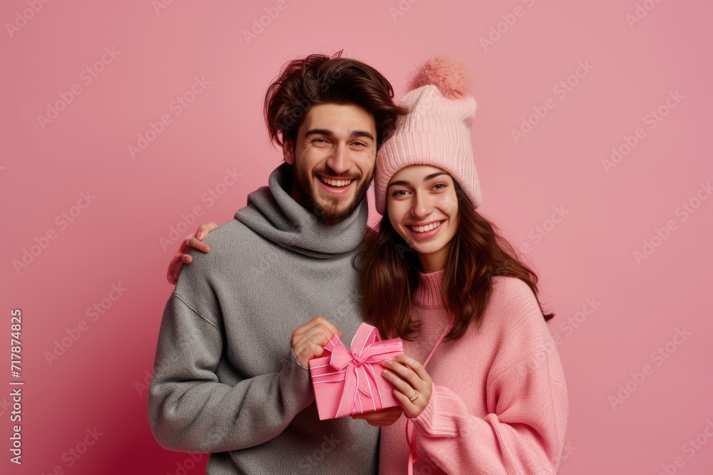 Valentine's Day moment captured between couple, as he gives her a tender kiss on the cheek while she joyfully holds a gift. in cozy sweaters, smiles suggest a comfortable and loving relationship. Ai g Valentine's Day moment captured between couple, as he gives her a tender kiss on the cheek while she joyfully holds a gift. in cozy sweaters, smiles suggest a comfortable and loving relationship. Ai g