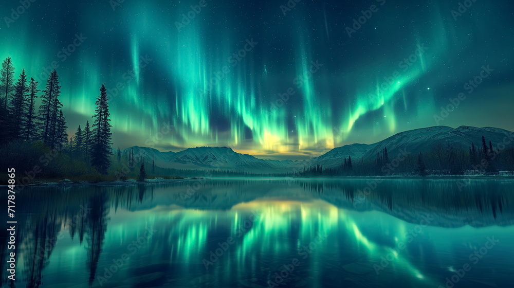 Hyper Realistic painting of aurora in the Night sky with polar lights. Night winter landscape with aurora and reflection on the water surface. stunning natural background photo. Generated AI.