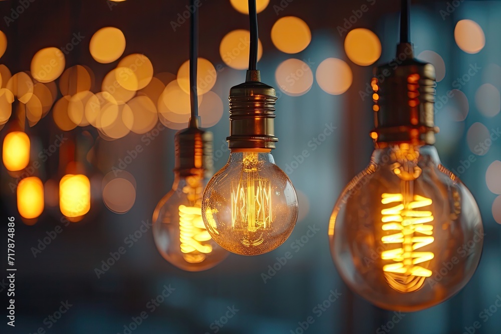 Decorative antique light bulbs in a row with bokeh. Decorative antique light bulbs in a row with bokeh.