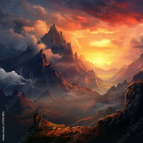 A dramatic mountainous landscape at sunset, with layers of peaks, a fiery sky, and clouds creating a sense of grandeur.