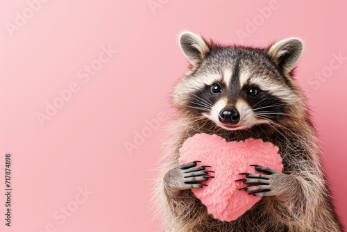 Cute happy raccoon holding stuffed heart shape in hands isolated on pastel pink background, copy space © Lubos Chlubny
