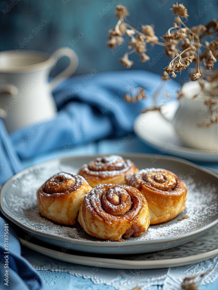 Homemade cinnamon rolls on a gray earthenware tray on blue background