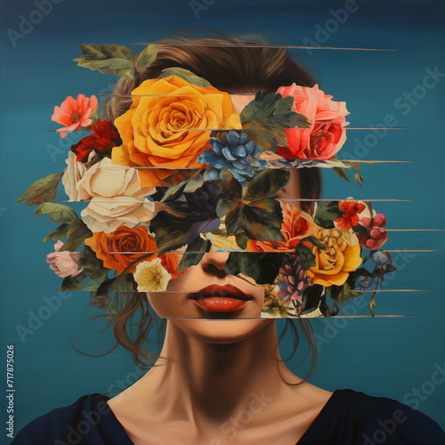 Abstract contemporary art collage portrait of young woman with flowers on face hides her eyes
