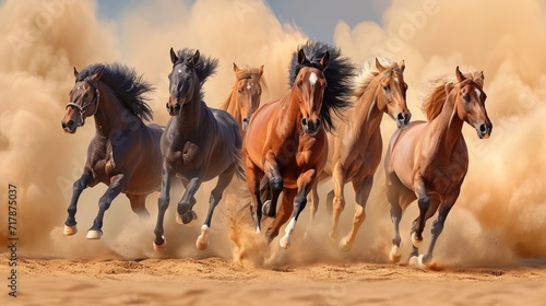 Group of horses running gallop in the desert. © Lubos Chlubny