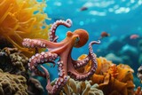 Octopus and coral reef in the sea.
