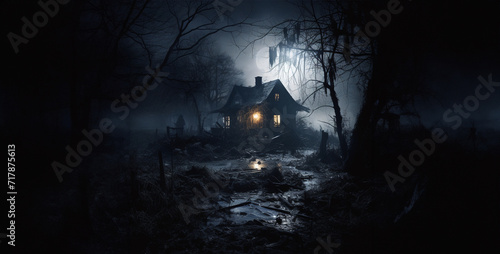 spooky halloween night, halloween background with bats, house with evil inhabitants ethere