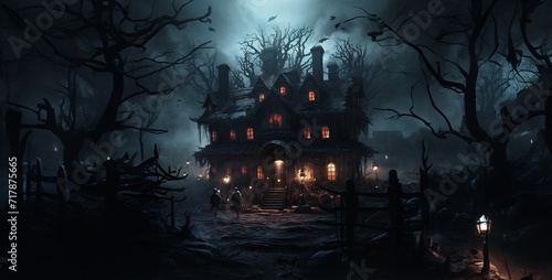 spooky halloween night, halloween background with bats, house with evil inhabitants ethere