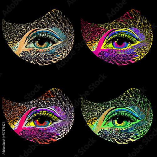 4 abstract vector drawings in different color combinations - a girl s face hidden by a mask of feathers. EPS format.