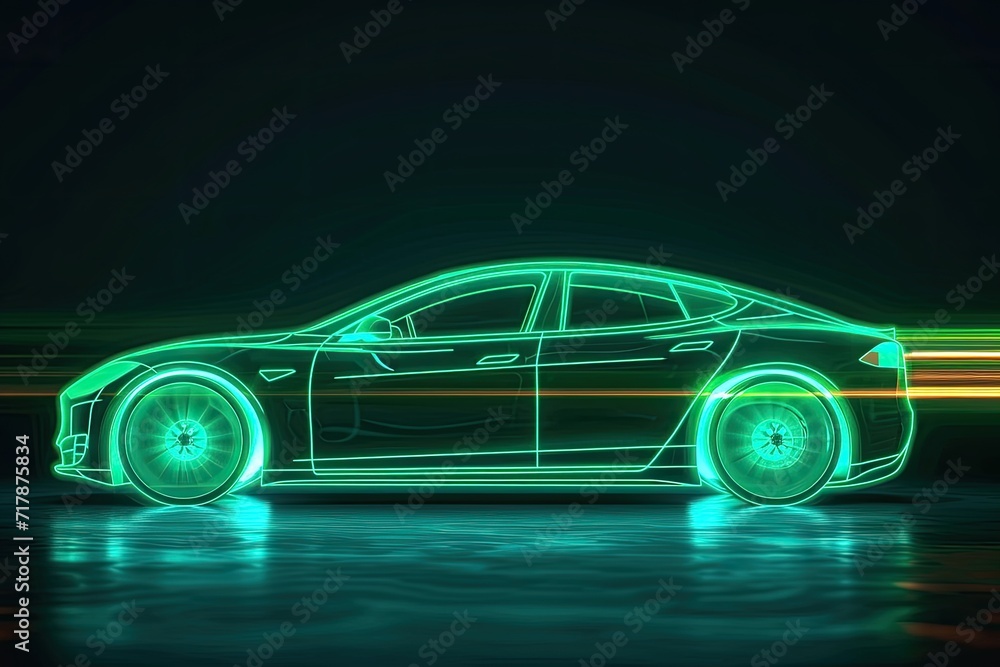 Green neon glowing in the dark electric car on high speed running concept.