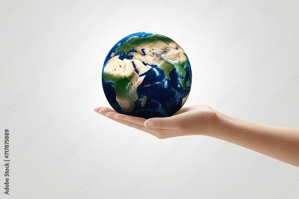 Close up of a green plant with leaves and 3d earth object growing from hand.ai generated Close up of a green plant with leaves and 3d earth object growing from hand.ai generated
