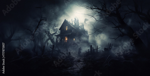 halloween background with bats, house with evil inhabitants ethere photo