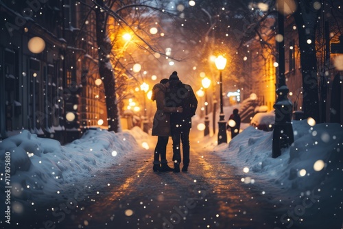 A romantic Valentine's Day moment on a city street, surprises his partner with a bouquet of red roses, joyful elegant the festive atmosphere created by the glowing street decorations above. Ai generat