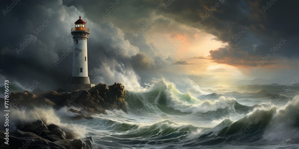 A dramatic seascape with stormy clouds, crashing waves, and a solitary lighthouse standing tall against the elements.