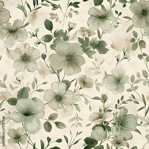 Seamless pattern vintage green watercolor flowers illustration