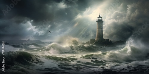 A dramatic seascape with stormy clouds, crashing waves, and a solitary lighthouse standing tall against the elements.