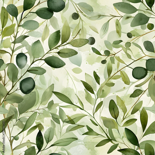 Seamless pattern green olive branches watercolor