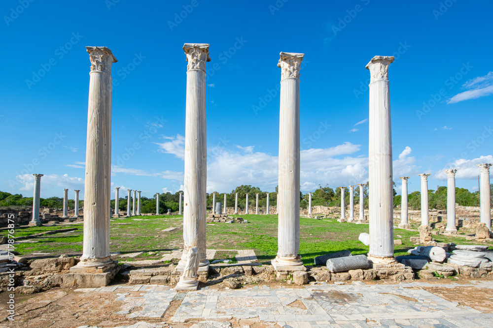 Columns and ruins in the ancient city of Salamis in Cyprus. Salamis Ruins, Famagusta, Turkish Republic of Northern Cyprus, CYPRUS. Tourist area of ​​the ruins of the city of Salamis.