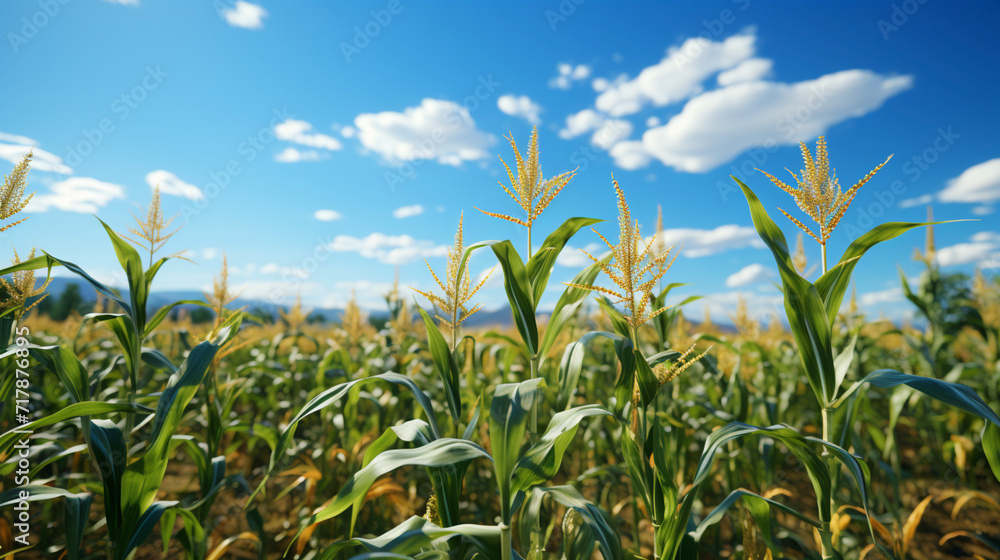Corn field blue sky subject is blurred Corn field blue sky subject is blurred