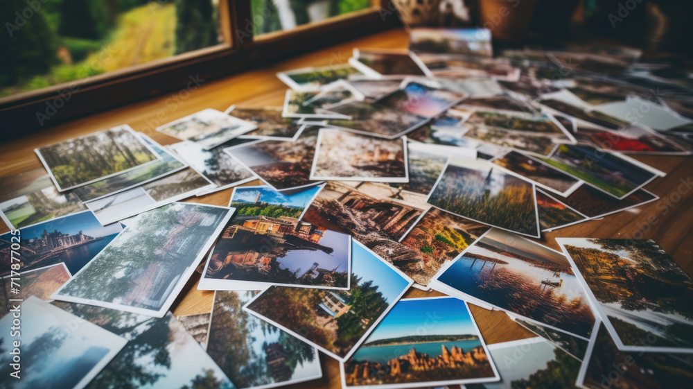 travel photos of different landmarks and tourism destinations on table