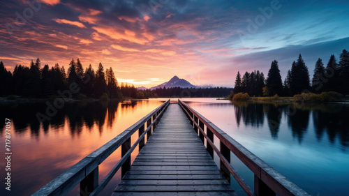 amazing landscape of wooden pier on lake with mountain at sunset