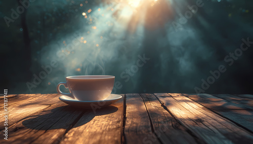 As the warm morning sun cast a gentle flare through the trees, a delicate teacup sat atop a wooden table, its rich aroma of coffee filling the outdoor air photo