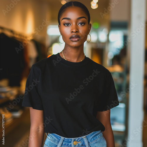 Black T-shirt Mockup, Black Woman, Girl, Female, Model, Wearing a Black Tee Shirt and Blue Jeans, Oversized Blank Shirt Template, Standing in a Clothing Store, Close-up View