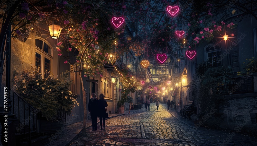A magical evening Valentine's Day atmosphere as a couple walks hand in hand down a quaint cobblestone street,  lanterns and warm streetlights, creating a scene straight out of a romantic fairy tale. 