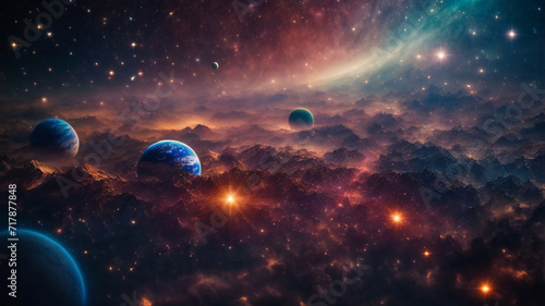 Infinite universe. Far space, other worlds and galaxies, the shine of stars, cosmic dust, particles, planets.