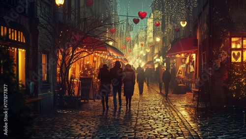 A magical evening Valentine's Day atmosphere as a couple walks hand in hand down a quaint cobblestone street,  lanterns and warm streetlights, creating a scene straight out of a romantic fairy tale.  © qntn