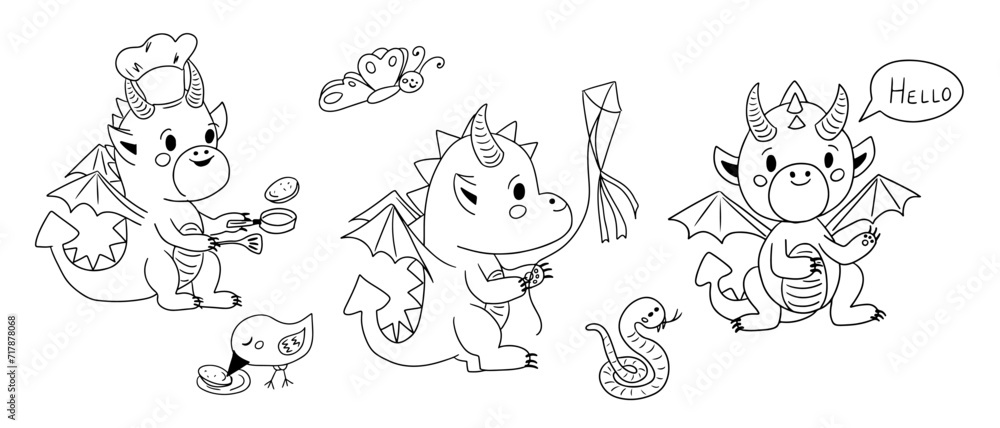 Cute kawaii dragon baby. Hand drawn doodle set