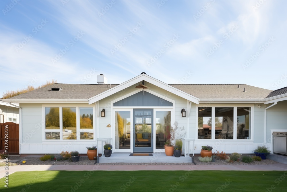 ranch facade with large windows and white trim contrast ranch facade with large windows and white trim contrast