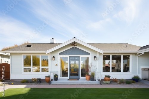 ranch facade with large windows and white trim contrast © primopiano