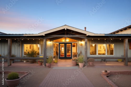 pueblo house faade at dusk with wooden beams photo