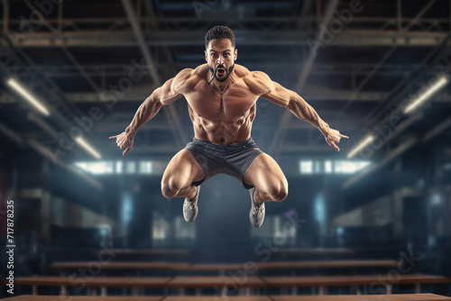 Young dedicated active muscular fit man jumping in a hall.