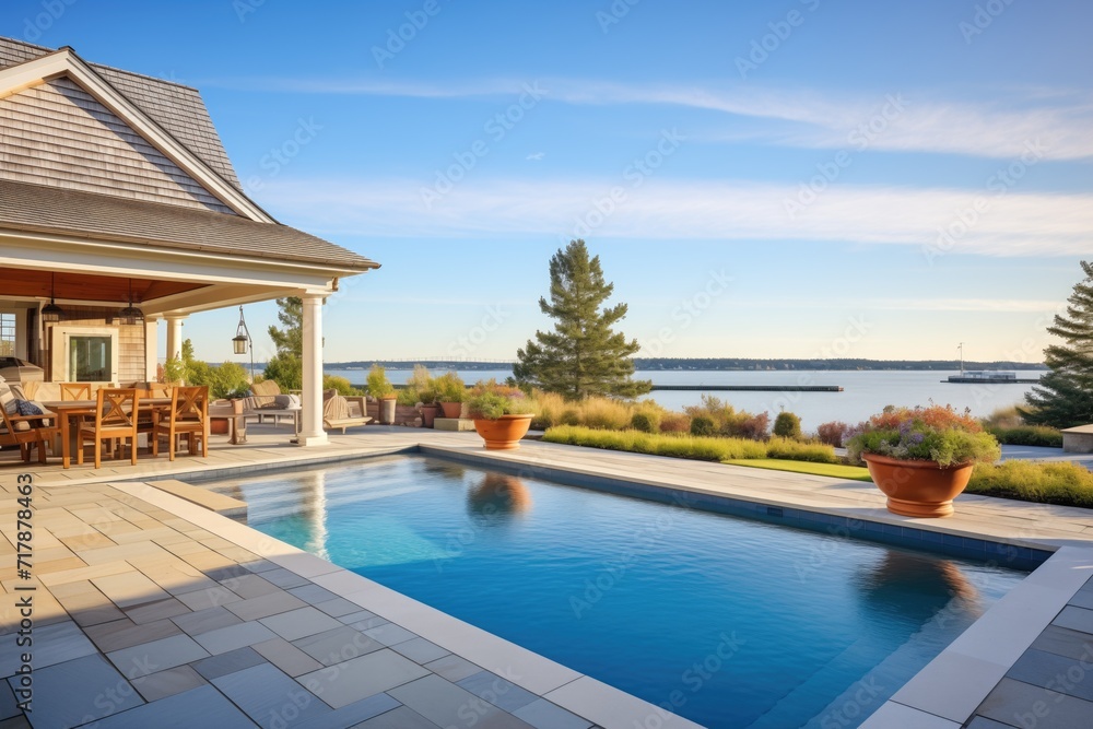 backyard pool of a shingle style house with ocean horizon