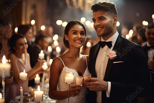 Beautiful multiethnic bride and groom celebrating their wedding at an evening reception, proposing a toast to a happy marriage, surrounded by their guests. photo