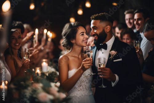 Beautiful multiethnic mix race bride and groom celebrating their wedding at an evening reception, proposing a toast to a happy marriage, surrounded by their guests. photo