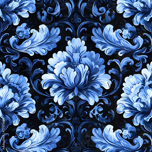 Seamless blue floral pattern on a black background illustration © Andsx