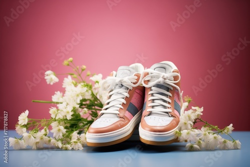 pair of pink sneakers with white flowers around