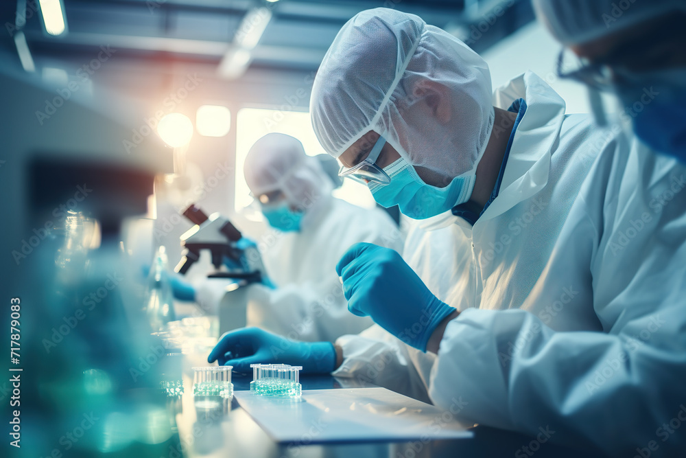 Male scientist meticulously working with a micro pipette, analyzing biochemical samples in a modern medical research laboratory. Male scientist meticulously working with a micro pipette, analyzing biochemical samples in a modern medical research laboratory.
