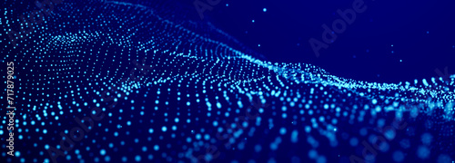 Abstract wave of many glowing particles. Network of neon dots. Big data. Digital background. 3d rendering