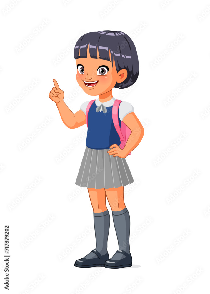 Smart little Asian school girl index finger pointing up with idea ...