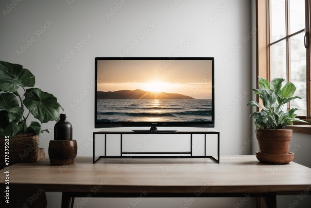 Smart TV for blank empty mockup blue screen on cabinet in modern living room, 3d illustration and matte painting
