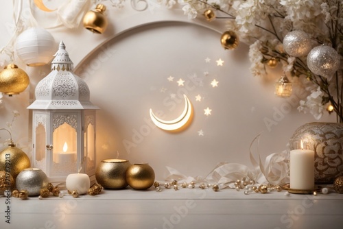 ramadan greeting card of crescent moon with copy space area banner